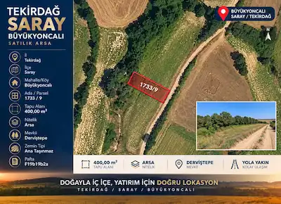 RE/MAX ENJOY'DAN TEKİRDAĞ SARAY BÜYÜKYONCALI'DA 400 M² MÜSTAKİL SATILIK ARSA