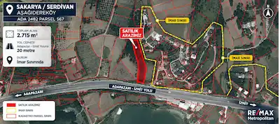 SERDİVAN AŞAĞIDEREKÖY'DE İZMİT YOLUNA CEPHELİ 2.715 M² ARAZİ