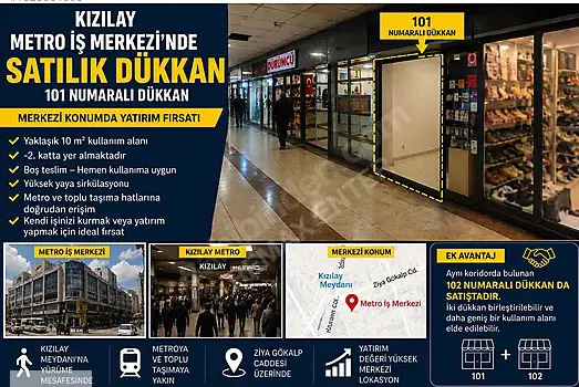 KIZILAYIN MERKEZİNDE SATILIK TİCARİ DÜKKAN | METRO İŞ MERKEZİ