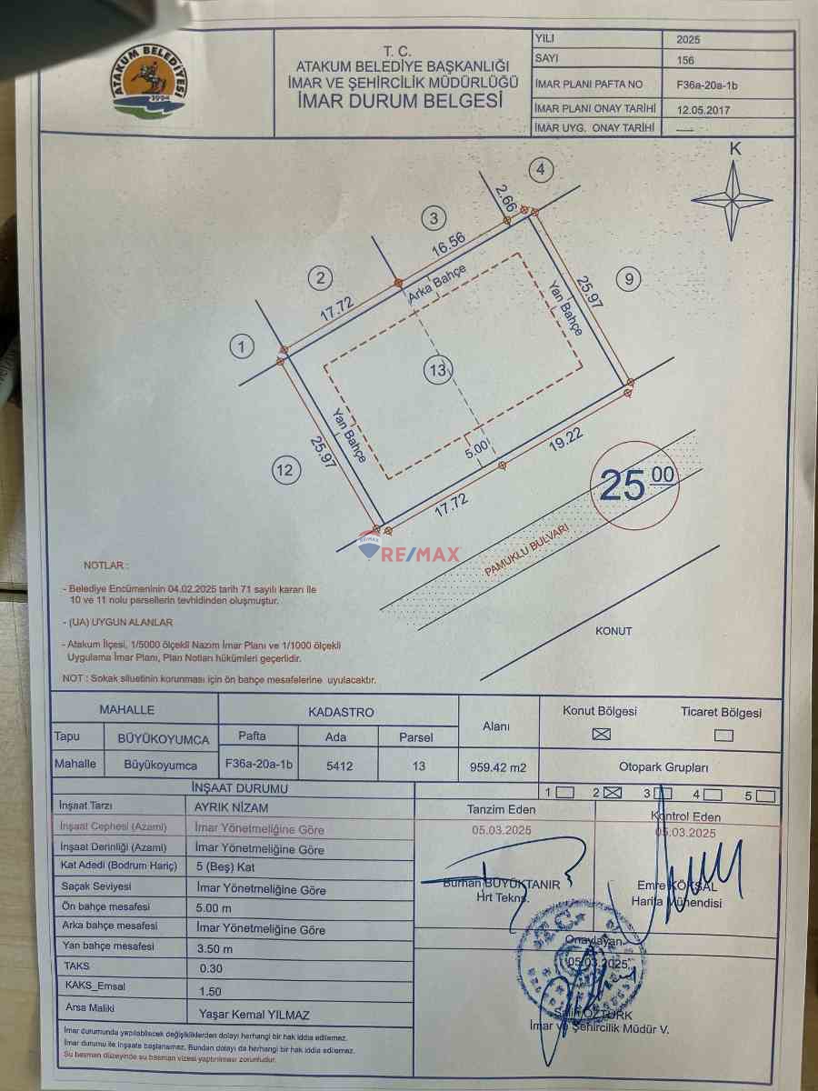 REMAX'TAN PAMUKLU BULVARINDA PROJELİ ARSA