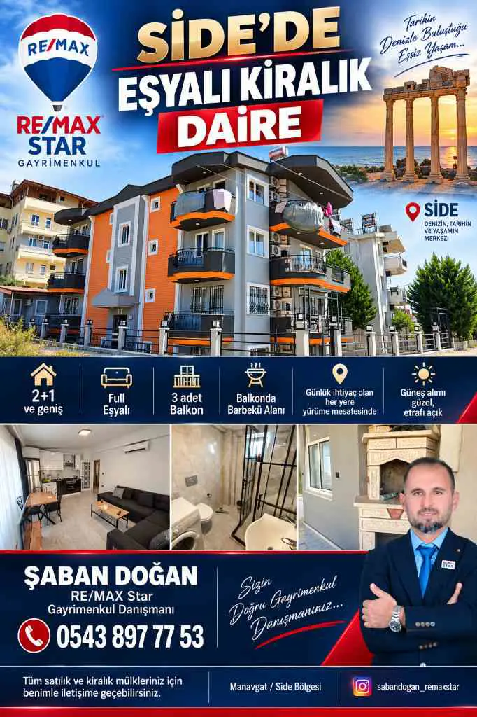 SİDE'DE KİRALIK EŞYALI 2+1 EV