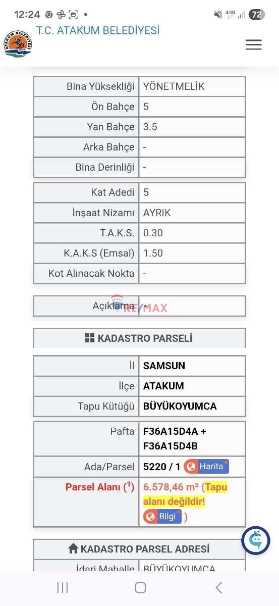 SATILIK YADA KAT KARŞILIĞI 6578M2 (1.5 EMSAL 5 KAT)