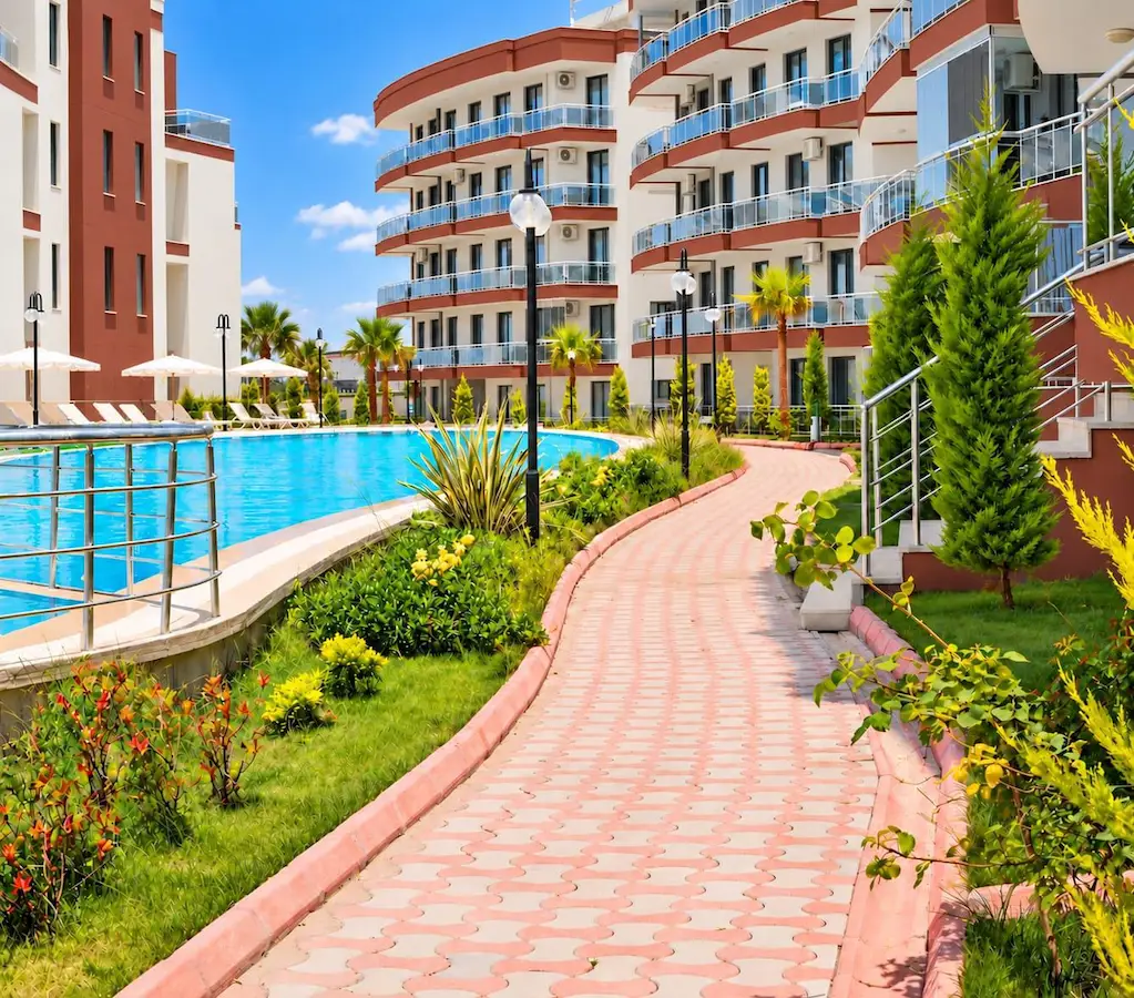 HAVUZ VE DENİZ MANZARALI SİTE İÇERİSİNDE EŞYALI 1+1 