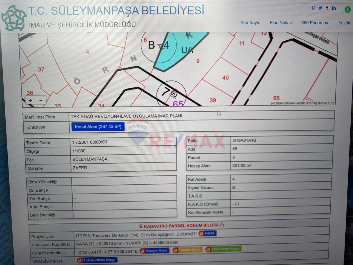 TEKİRDAĞ ZAFER MAH SATILIK 304 M2 KONUT İMARLI ARSA