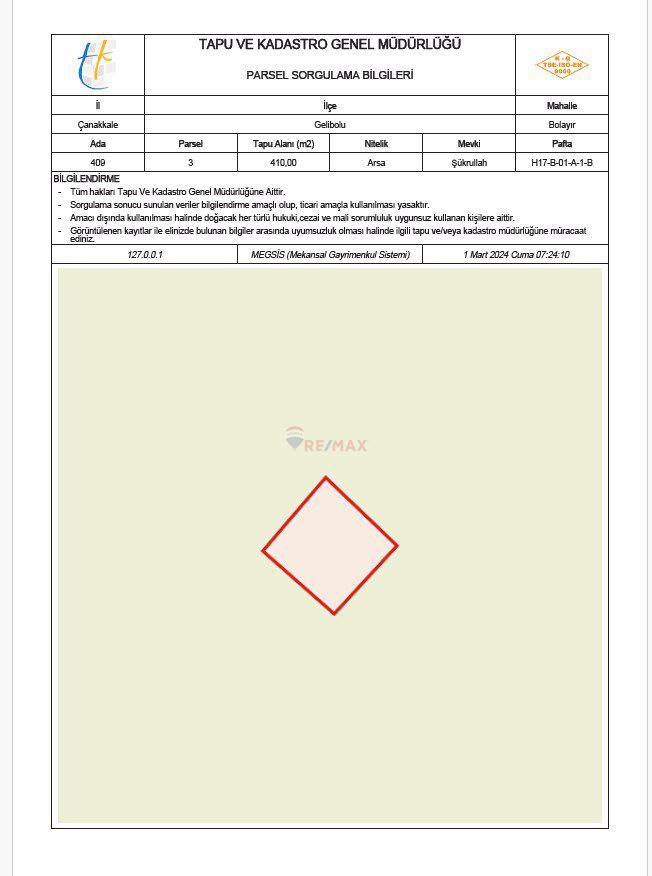 GELİBOLU BOLAYIR'DA VİLLA İMARLI SATILIK 410M2 ARSA