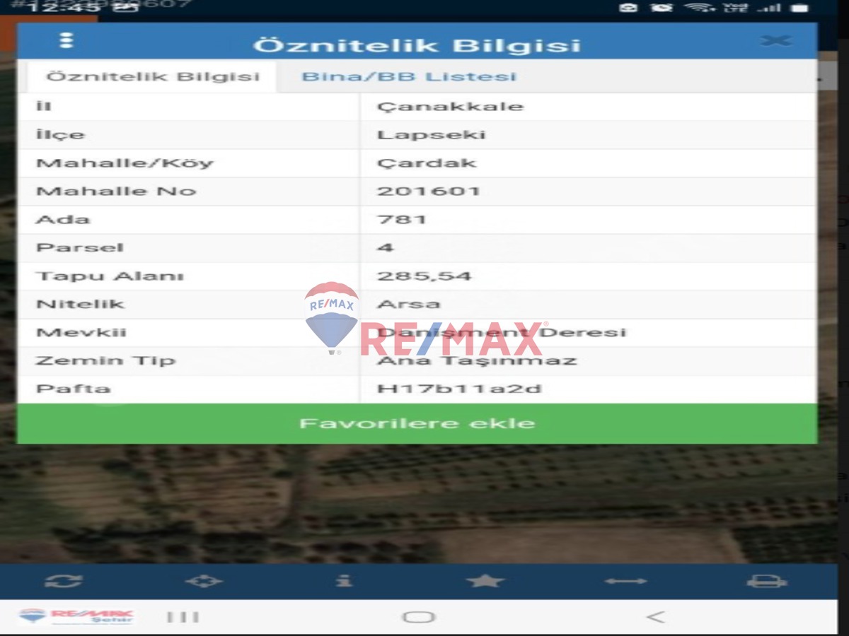 ÇANAKKALE LAPSEKİ ÇARDAK BELDESİNDE SATILIK ARSA