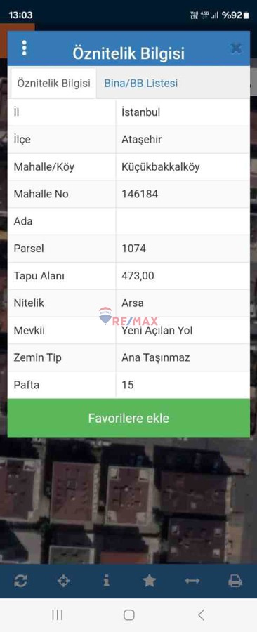 REMAX'DAN ATAŞEHİR İNÖNÜ ALPKAYA CAD. KONUT İMARLI 489 M² ARSA