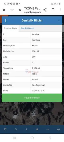 ANTALYA KUMLUCA KUZCA KÖYÜ 2.174 M2 SATILIK TARLA