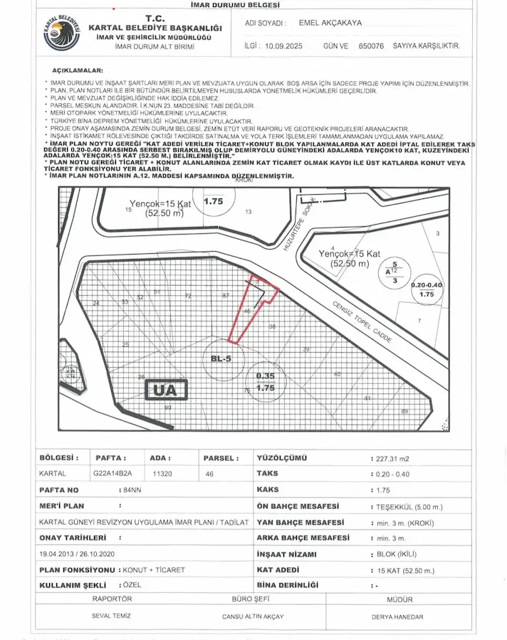 KARTAL MERKEZİ KONUMDA  TİC.+KONUT İMARLI 56 M2 SATILIK ARSA PAYI