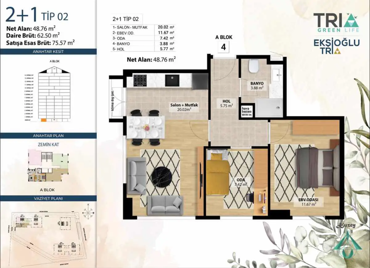 KARTAL ATALAR EKSİOGLU TRIA GREEN LIFE | HAVUZ CEPHE 2+1 | MARMARAYA 4 DK