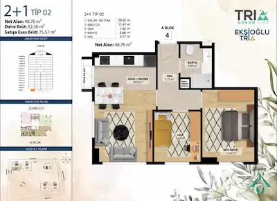 KARTAL ATALAR EKSİOGLU TRIA GREEN LIFE | HAVUZ CEPHE 2+1 | MARMARAYA 4 DK