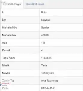 BOLU GÖYNÜK SARILAR’DA SATILIK 1493 M2 TARLA