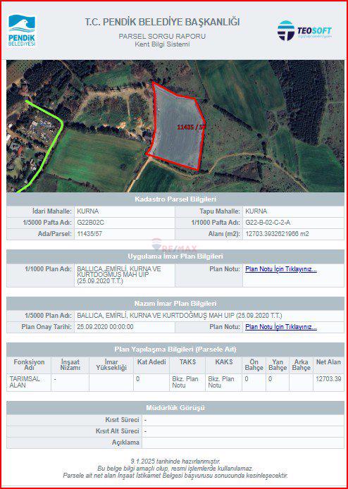 PENDİK KURNAKÖY YATIRIM DEĞERİ YÜKSEK SATILIK MÜSTAKİL 12.703 M2