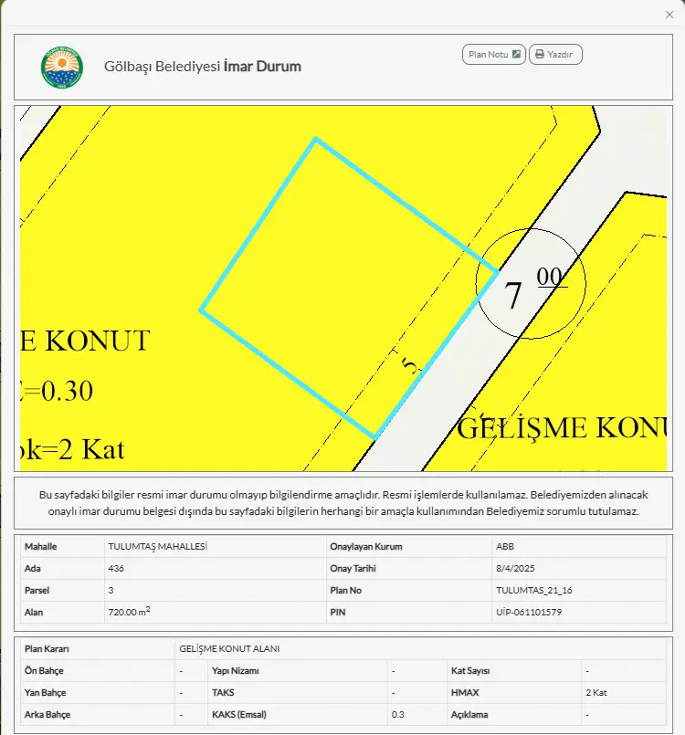 GÖLBAŞI TULUMTAŞ’TA RUHSAT ALINABİLİR 720 M² VİLLA PARSELİ