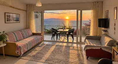 KUŞADASI SEÇKİN SİTESİ'NDE,EŞYALI-HARİKA DENİZ MANZARALI 1+1 DAİRE