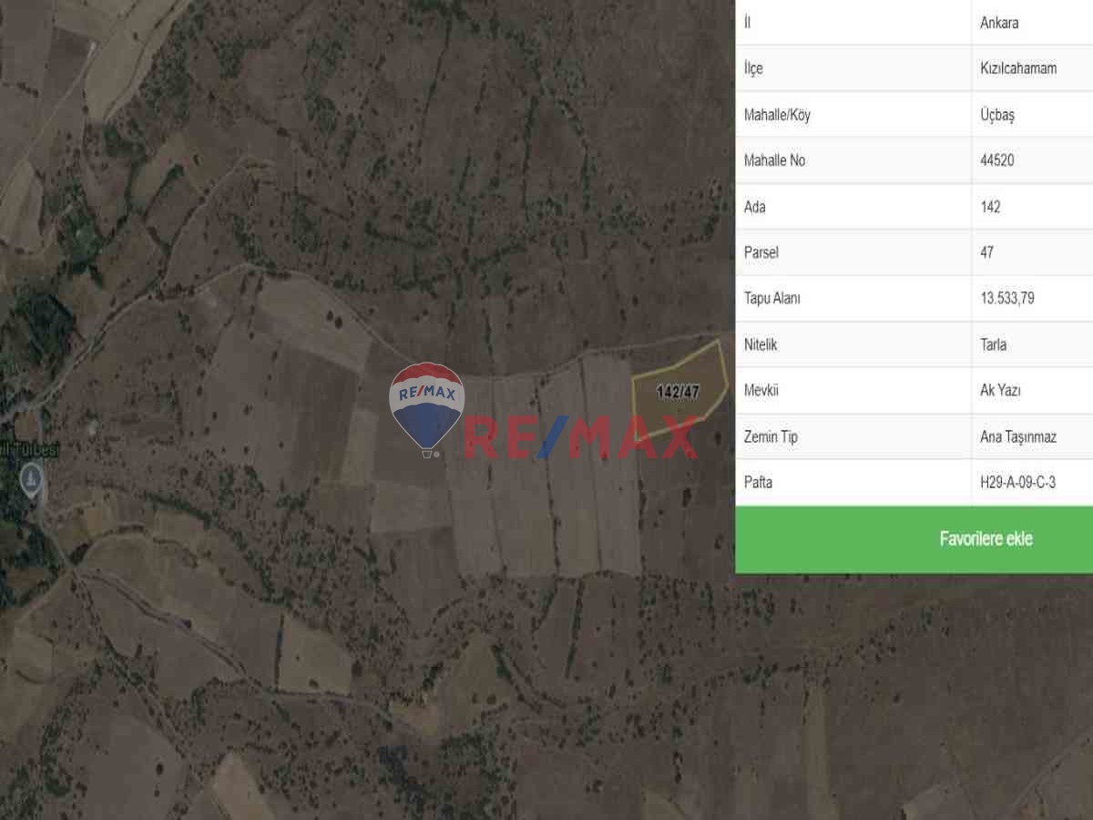 ANKARA KIZILCAHAMAM ÜÇBAŞ'DA ANA YOLA YAKIN 13534 M² TARLA