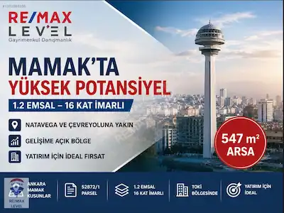 **MAMAK ÇEVREYOLU YAKININDA 1.2 EMSAL YÜKSEK KAT 547 M² ARSA**
