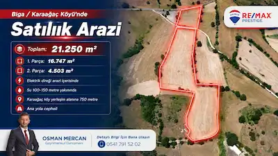 BIGA KARAAĞAÇ'TA YATIRIMLIK ÇIFT CEPHELI + ELEKTRIKLI 21.250 M² İKIZ TARLA!