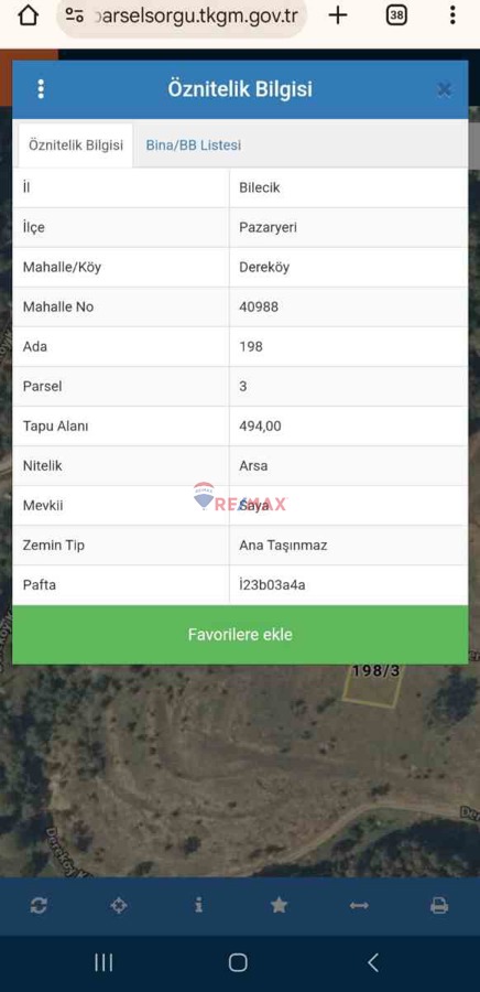 BİLECİK PAZARYERİ DEREKÖY MAHALLESİ'NDE YATIRIMLIK (494 M²) ARSA