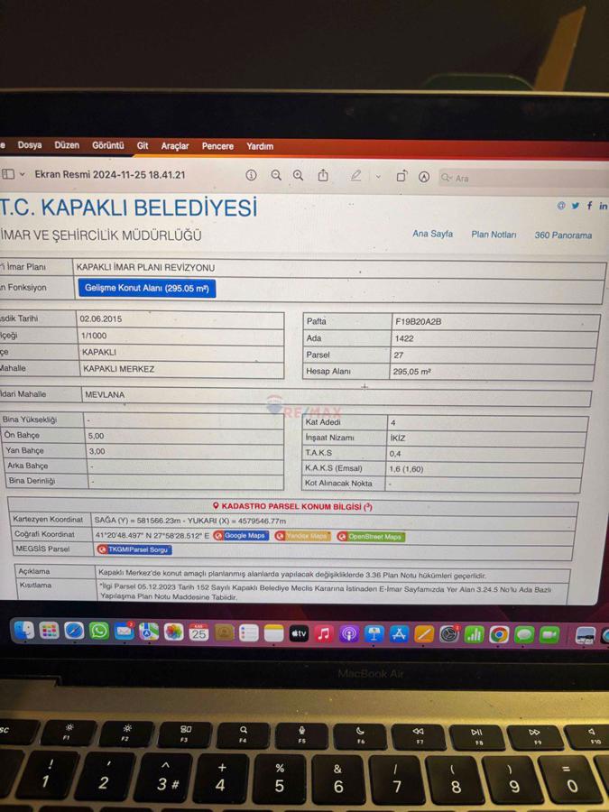 TEKİRDAĞ KAPAKLIDA 295.07 m² İMARLI İFRAZLI SATILIK ARSA