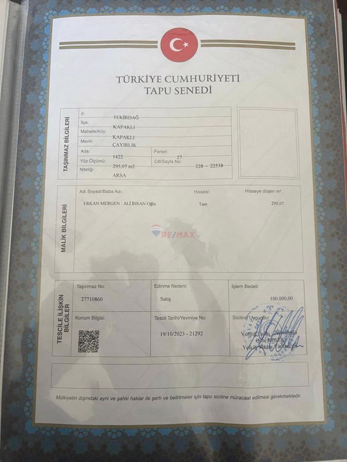 TEKİRDAĞ KAPAKLIDA 295.07 m² İMARLI İFRAZLI SATILIK ARSA