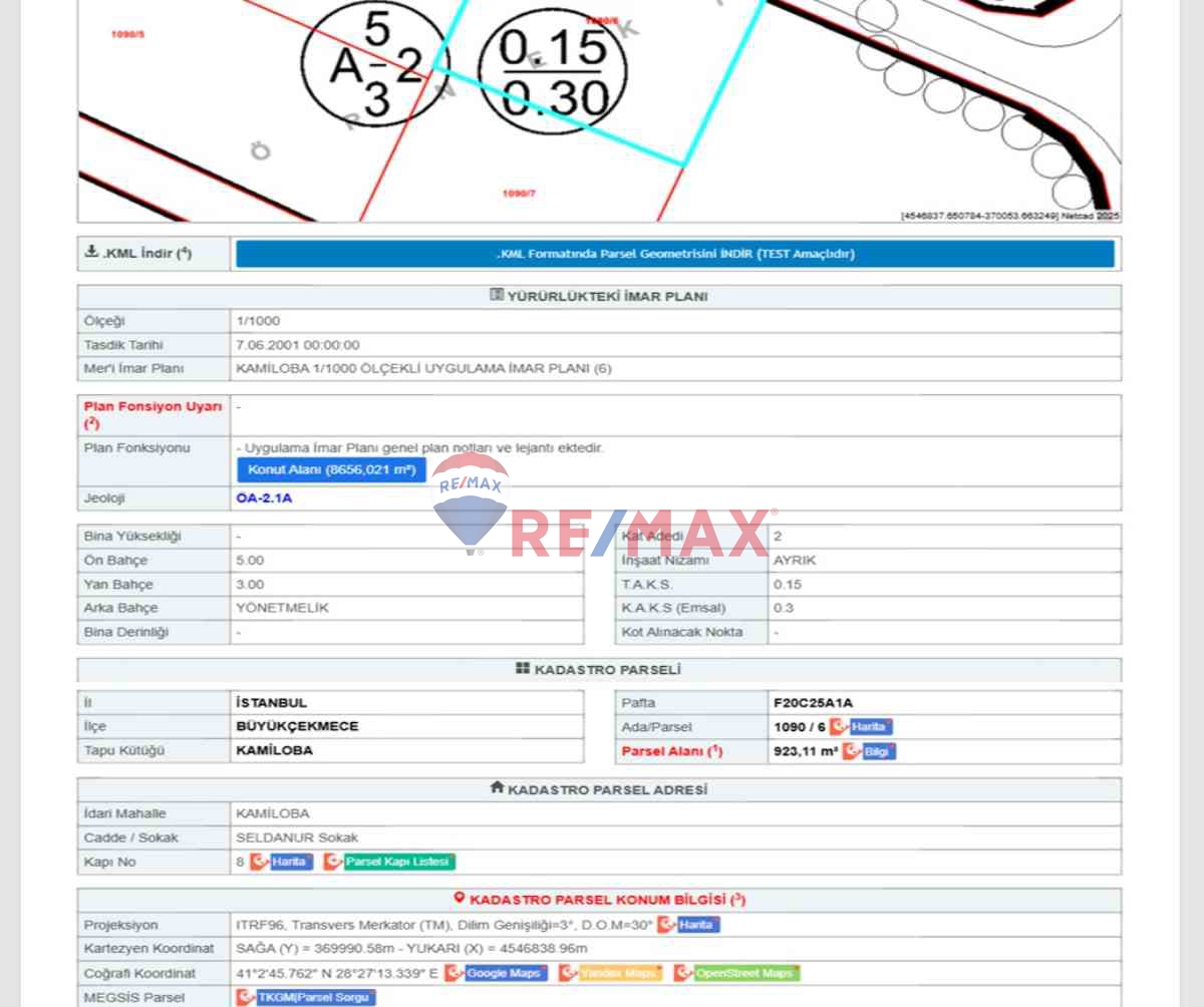 BÜYÜKÇEKMECE KAMİLOBA 924M2 ADA:1.090 PARSEL:6 VİLLA İMARLI ARSA