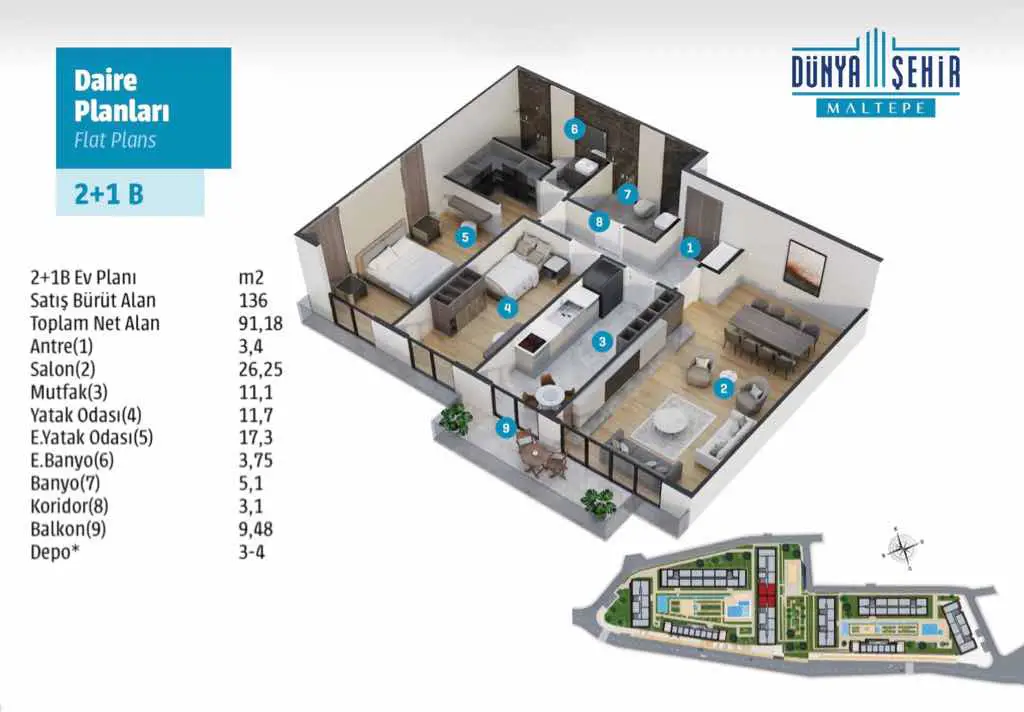 DÜNYA ŞEHİR MALTEPE’DE | KİRALIK | 2+1 B TİPİ DAİRE