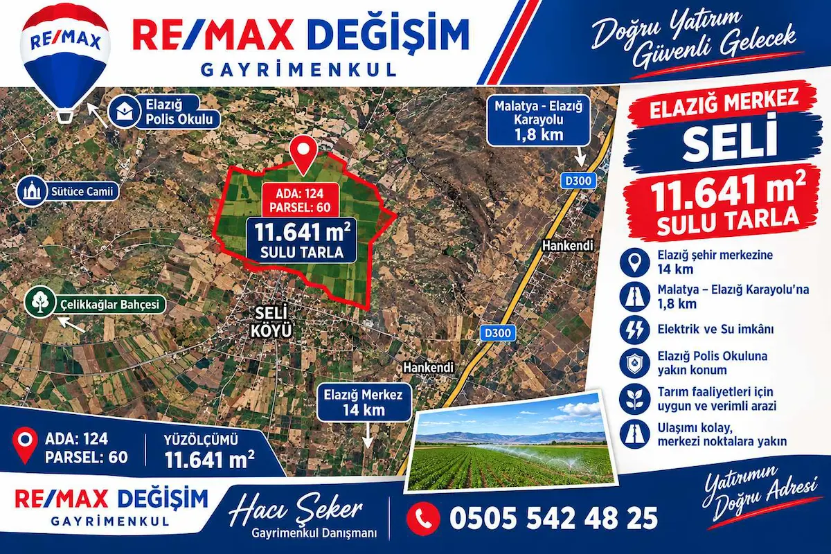 RE/MAX DEĞİŞİM'DEN MERKEZ SELİ'DE 11.641 M² SATILIK SULU TARLA