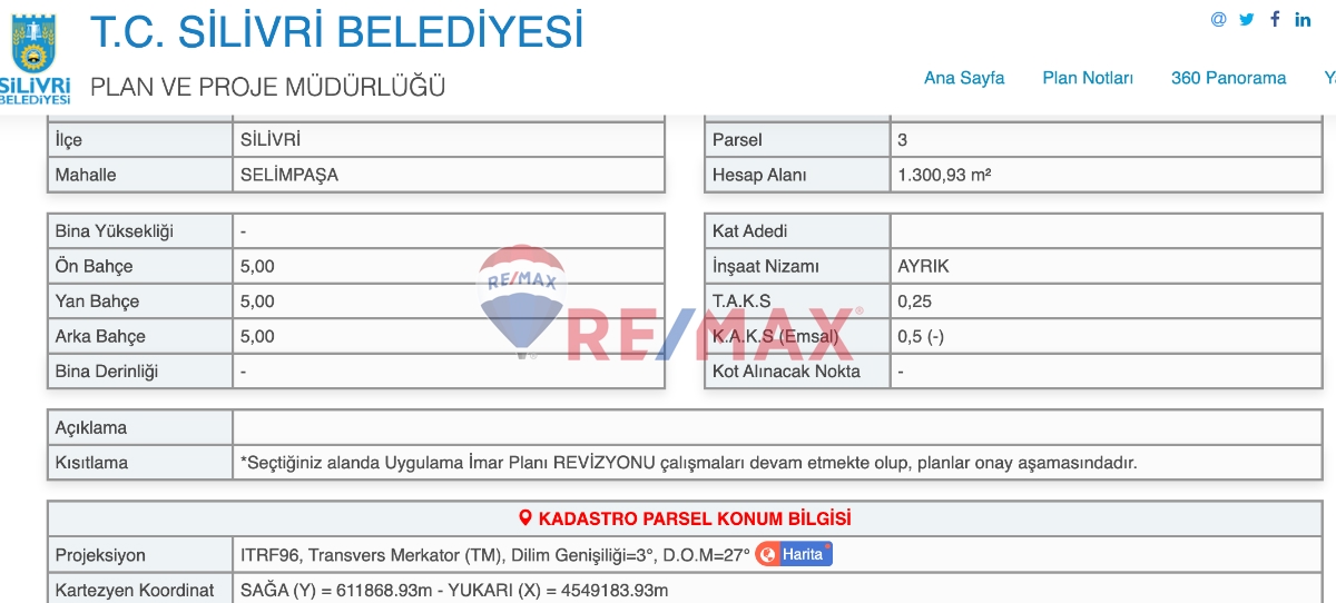 REMAX MAHAL'DEN SELİMPAŞA MAHALLESİ 1300 M2 VİLLA İMARLI ARSA